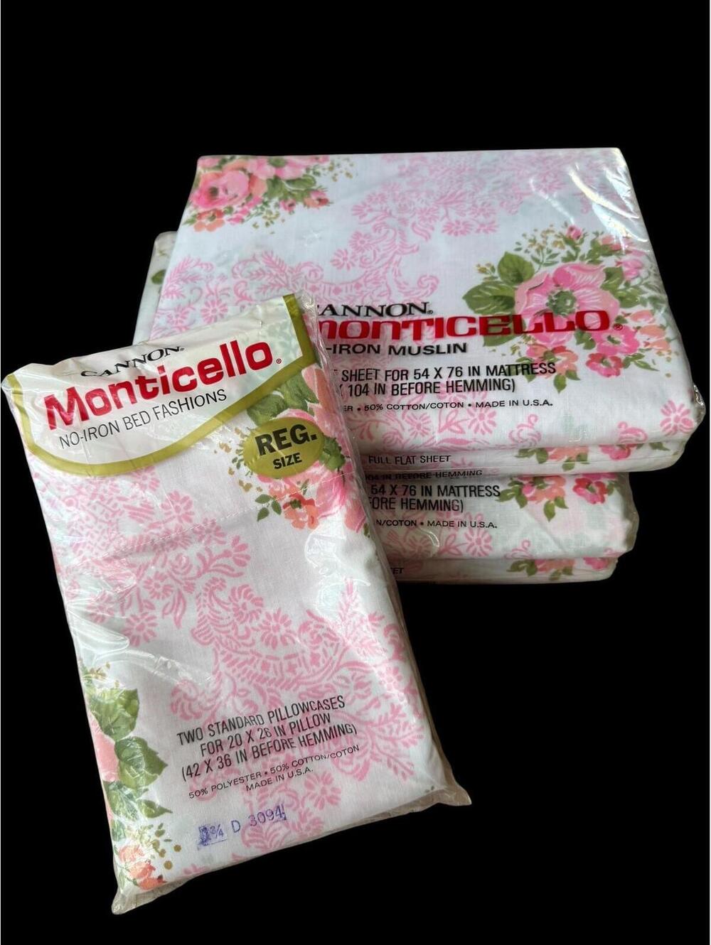 Vintage Cannon Monticello Two Full Flat Sheets Pillowcases Pink Roses Muslin NOS